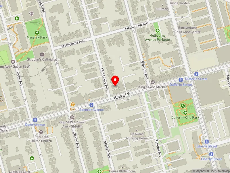 RentSafeTO apartment evaluation map view of 1 A ELM GROVE AVE in Parkdale-High Park, Toronto