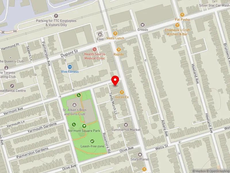 RentSafeTO apartment evaluation map view of 1 A VERMONT AVE in University-Rosedale, Toronto