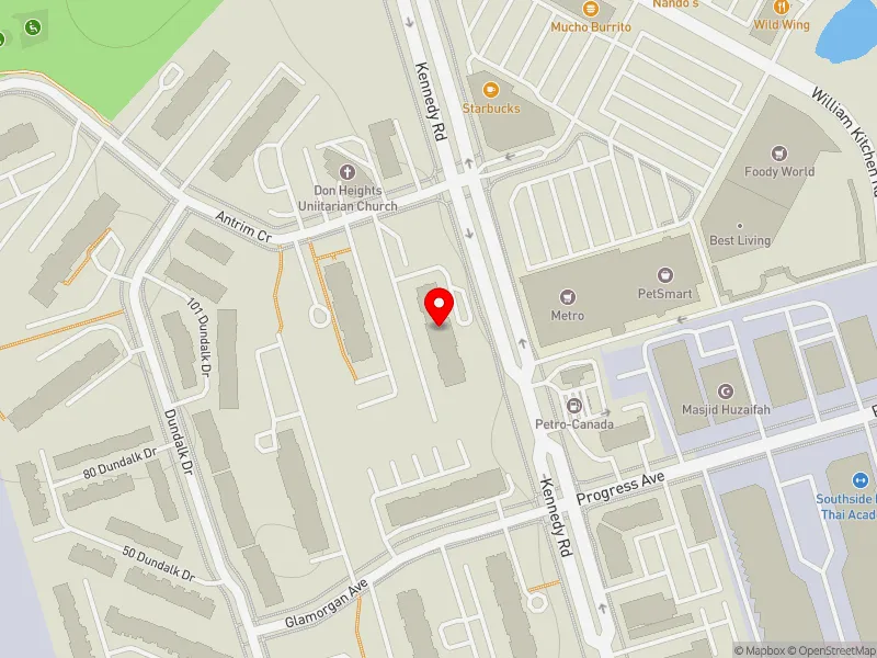 RentSafeTO apartment evaluation map view of 1 ANTRIM CRES in Scarborough Centre, Toronto