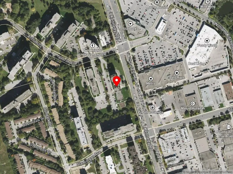 RentSafeTO apartment evaluation satellite view of 1 ANTRIM CRES in Scarborough Centre, Toronto