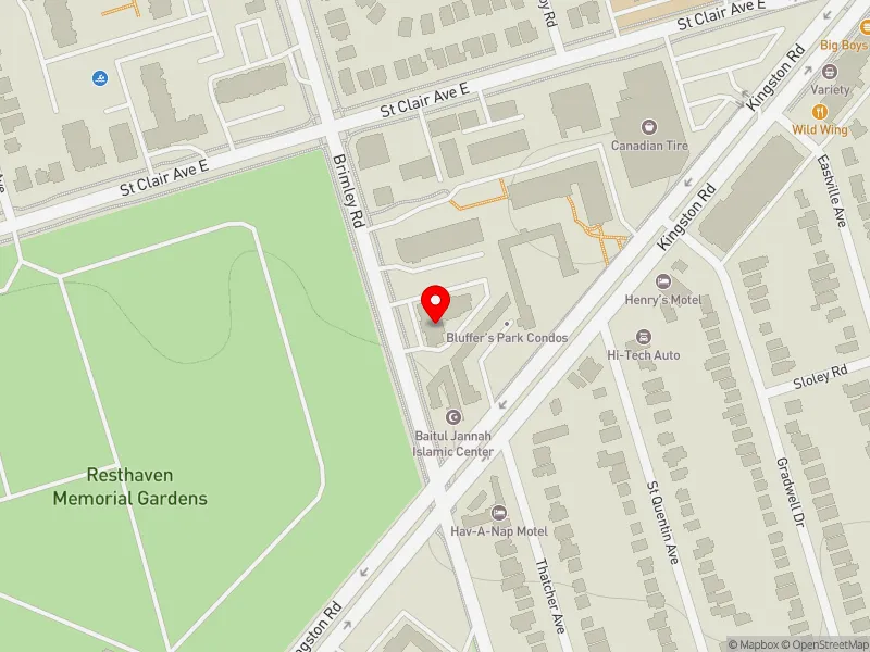 RentSafeTO apartment evaluation map view of 1 BRIMLEY RD in Scarborough Southwest, Toronto