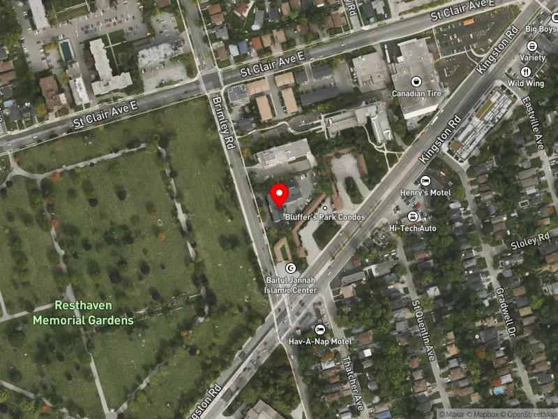 RentSafeTO apartment evaluation satellite view of 1 BRIMLEY RD in Scarborough Southwest, Toronto