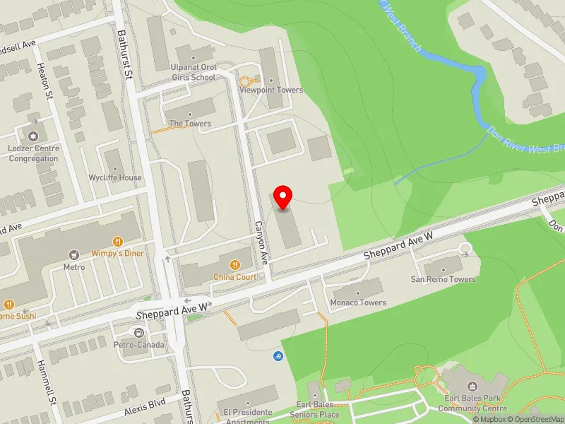 RentSafeTO apartment evaluation map view of 1 CANYON AVE in York Centre, Toronto