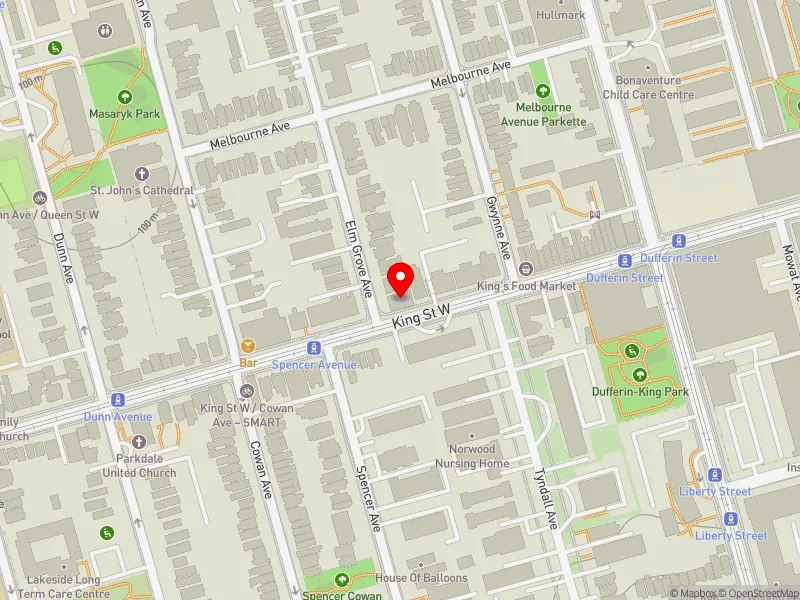 RentSafeTO apartment evaluation map view of 1 ELM GROVE AVE in Parkdale-High Park, Toronto