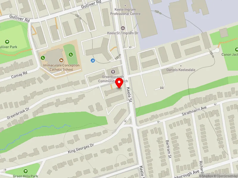 RentSafeTO apartment evaluation map view of 1 GREENBROOK DR in York South-Weston, Toronto