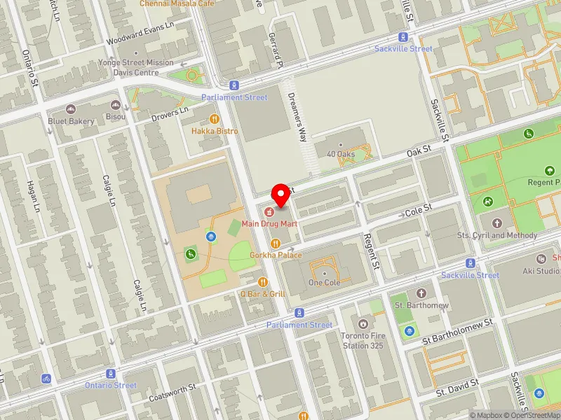 RentSafeTO apartment evaluation map view of 1 OAK ST in Toronto Centre, Toronto