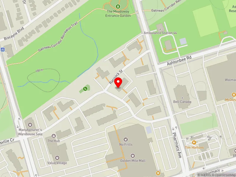 RentSafeTO apartment evaluation map view of 1 RANNOCK ST in Scarborough Centre, Toronto