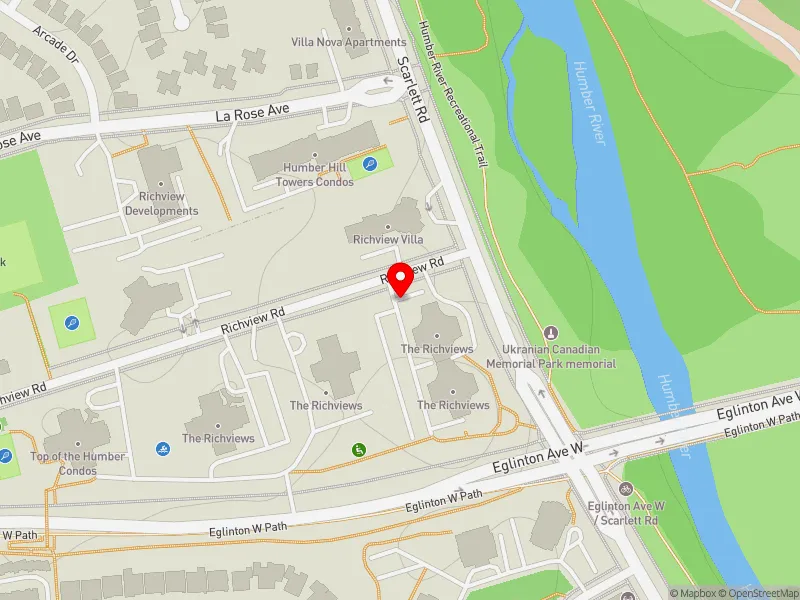 RentSafeTO apartment evaluation map view of 1 RICHVIEW RD in Etobicoke Centre, Toronto