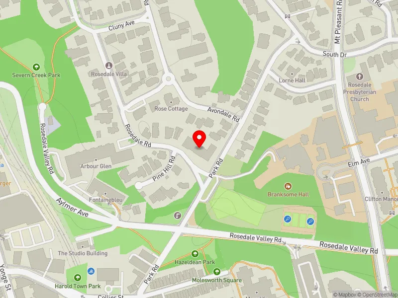 RentSafeTO apartment evaluation map view of 1 ROSEDALE RD in University-Rosedale, Toronto