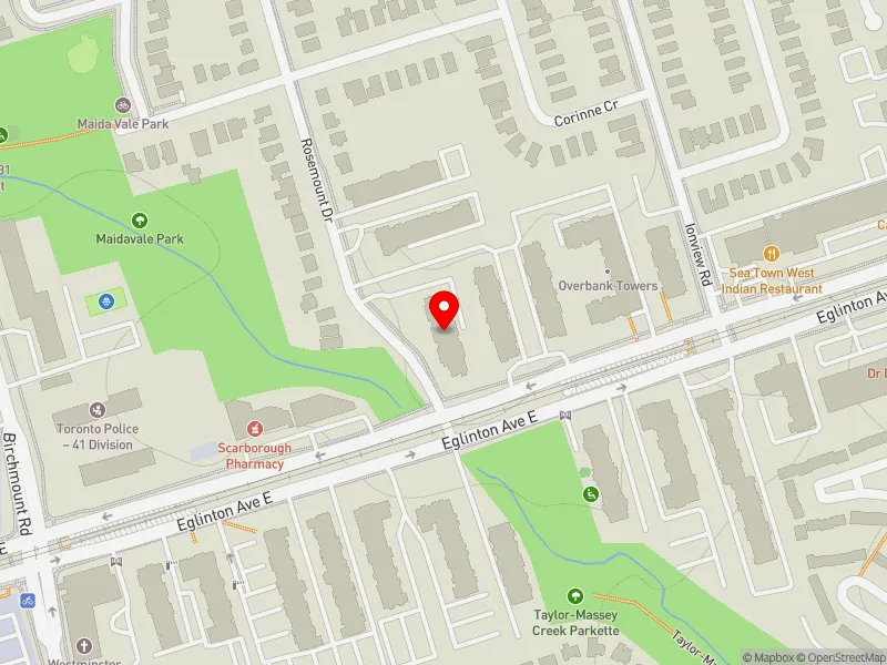 RentSafeTO apartment evaluation map view of 1 ROSEMOUNT DR in Scarborough Centre, Toronto