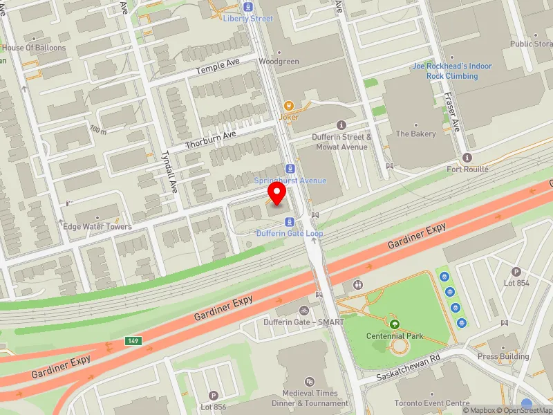 RentSafeTO apartment evaluation map view of 1 SPRINGHURST AVE in Parkdale-High Park, Toronto