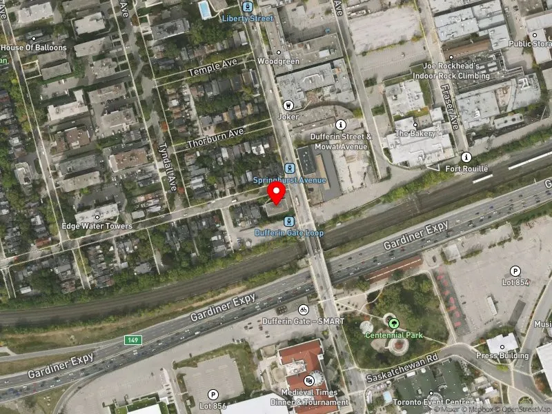 RentSafeTO apartment evaluation satellite view of 1 SPRINGHURST AVE in Parkdale-High Park, Toronto