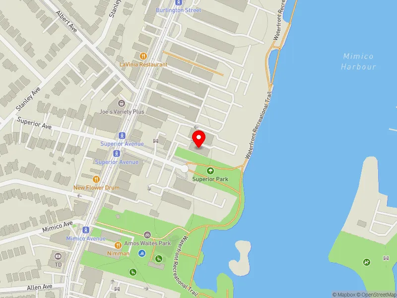 RentSafeTO apartment evaluation map view of 1 SUPERIOR AVE in Etobicoke-Lakeshore, Toronto