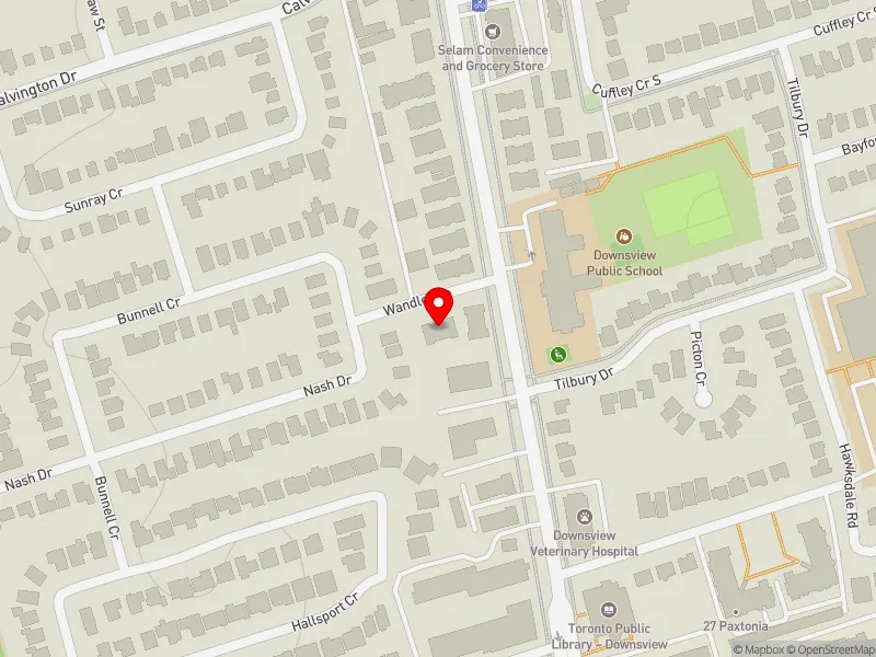 RentSafeTO apartment evaluation map view of 1 WANDLE AVE in York Centre, Toronto