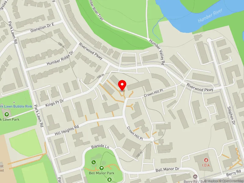 RentSafeTO apartment evaluation map view of 10 CROWN HILL PL in Etobicoke-Lakeshore, Toronto