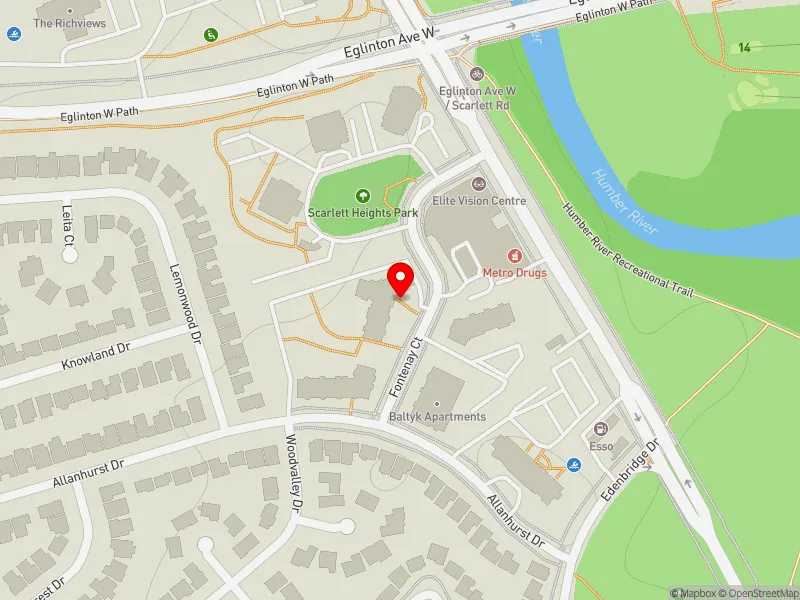 RentSafeTO apartment evaluation map view of 10 FONTENAY CRT in Etobicoke Centre, Toronto