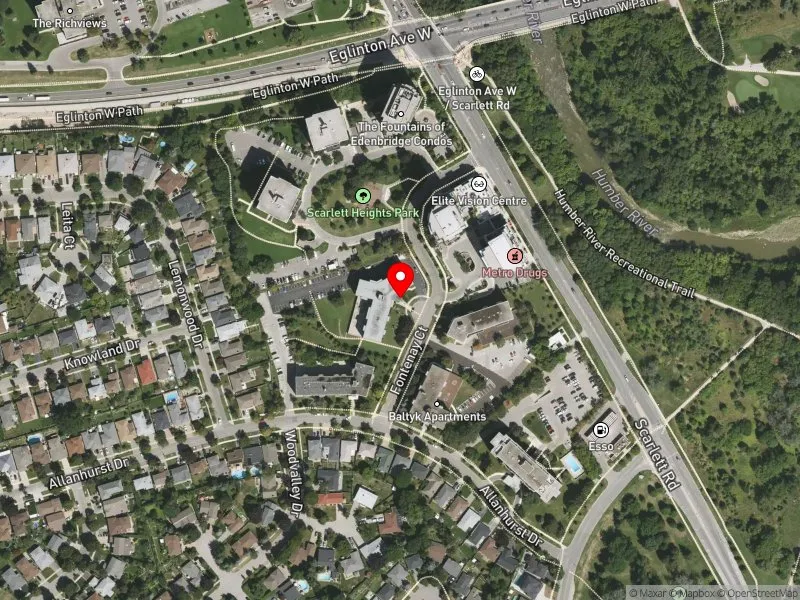 RentSafeTO apartment evaluation satellite view of 10 FONTENAY CRT in Etobicoke Centre, Toronto