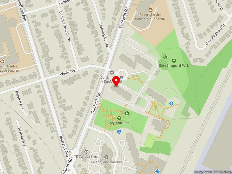 RentSafeTO apartment evaluation map view of 10 GORDONRIDGE PL in Scarborough Southwest, Toronto