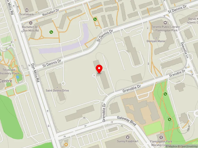 RentSafeTO apartment evaluation map view of 10 GRENOBLE DR in Don Valley East, Toronto