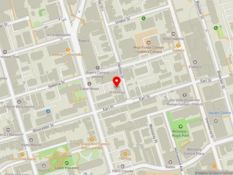 RentSafeTO apartment evaluation map view of 10 HUNTLEY ST in Toronto Centre, Toronto