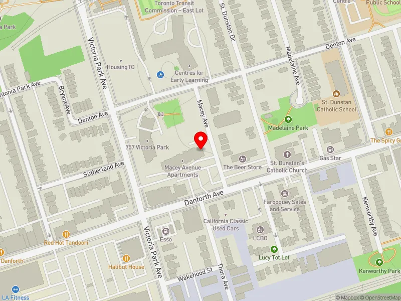 RentSafeTO apartment evaluation map view of 10 MACEY AVE in Scarborough Southwest, Toronto