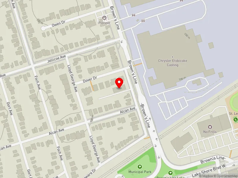 RentSafeTO apartment evaluation map view of 100 BROWNS LINE in Etobicoke-Lakeshore, Toronto