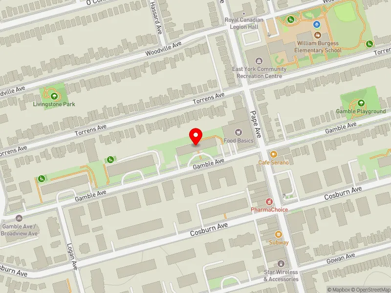 RentSafeTO apartment evaluation map view of 100 GAMBLE AVE in Toronto-Danforth, Toronto