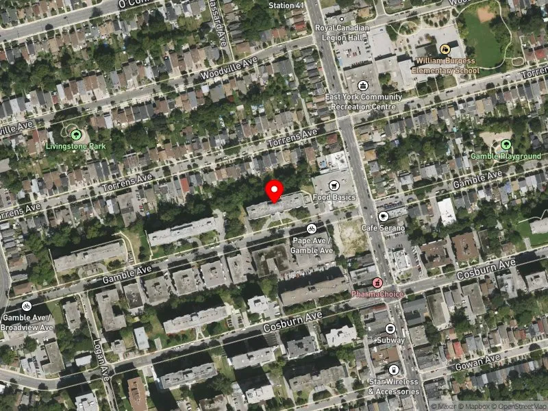 RentSafeTO apartment evaluation satellite view of 100 GAMBLE AVE in Toronto-Danforth, Toronto
