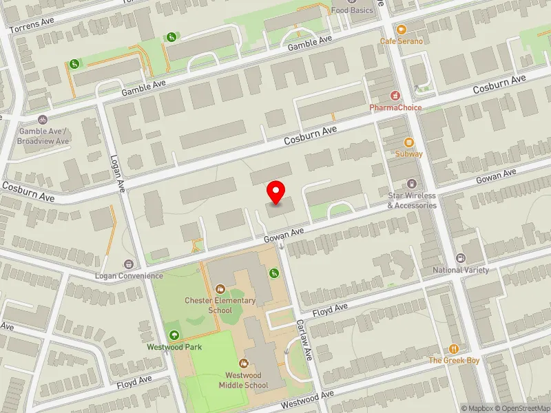 RentSafeTO apartment evaluation map view of 100 GOWAN AVE in Toronto-Danforth, Toronto