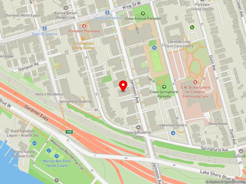 RentSafeTO apartment evaluation map view of 100 JAMESON AVE in Parkdale-High Park, Toronto