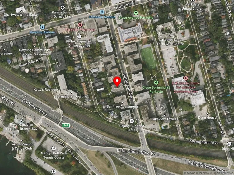 RentSafeTO apartment evaluation satellite view of 100 JAMESON AVE in Parkdale-High Park, Toronto