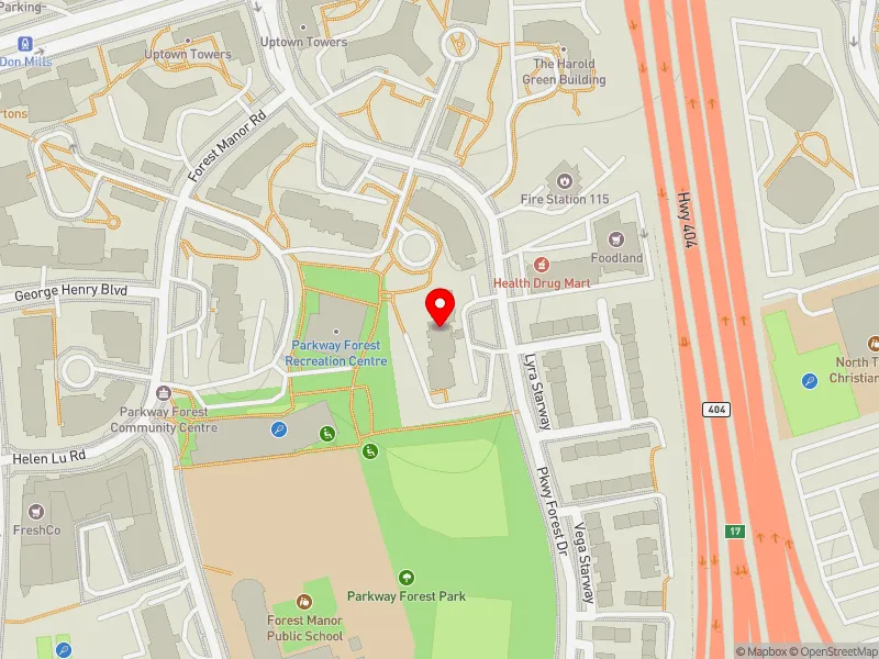 RentSafeTO apartment evaluation map view of 100 PARKWAY FOREST DR in Don Valley North, Toronto