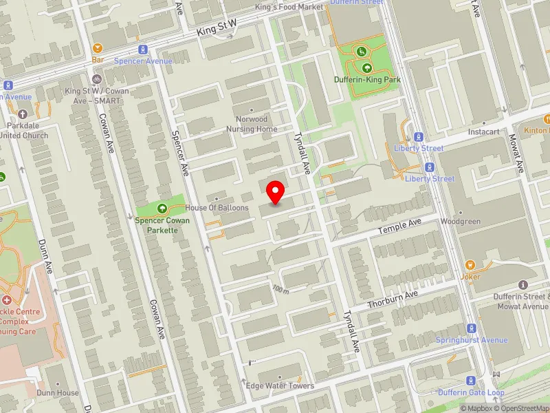 RentSafeTO apartment evaluation map view of 100 TYNDALL AVE in Parkdale-High Park, Toronto