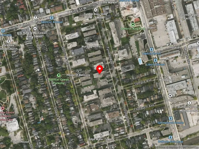 RentSafeTO apartment evaluation satellite view of 100 TYNDALL AVE in Parkdale-High Park, Toronto