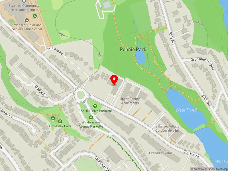 RentSafeTO apartment evaluation map view of 101 COE HILL DR in Parkdale-High Park, Toronto