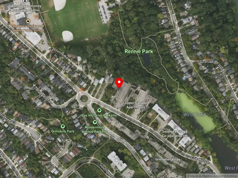 RentSafeTO apartment evaluation satellite view of 101 COE HILL DR in Parkdale-High Park, Toronto