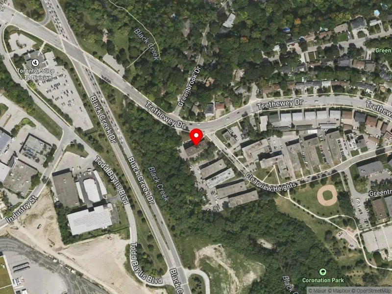 RentSafeTO apartment evaluation satellite view of 102 TRETHEWEY DR in York South-Weston, Toronto