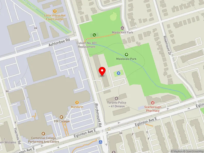 RentSafeTO apartment evaluation map view of 1021 BIRCHMOUNT RD in Scarborough Centre, Toronto