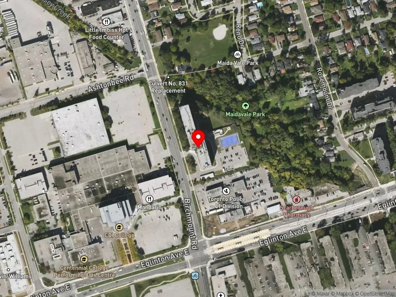 RentSafeTO apartment evaluation satellite view of 1021 BIRCHMOUNT RD in Scarborough Centre, Toronto