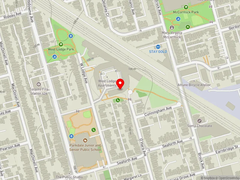RentSafeTO apartment evaluation map view of 103 WEST LODGE AVE in Parkdale-High Park, Toronto