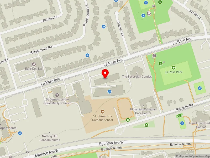 RentSafeTO apartment evaluation map view of 105 LA ROSE AVE in Etobicoke Centre, Toronto