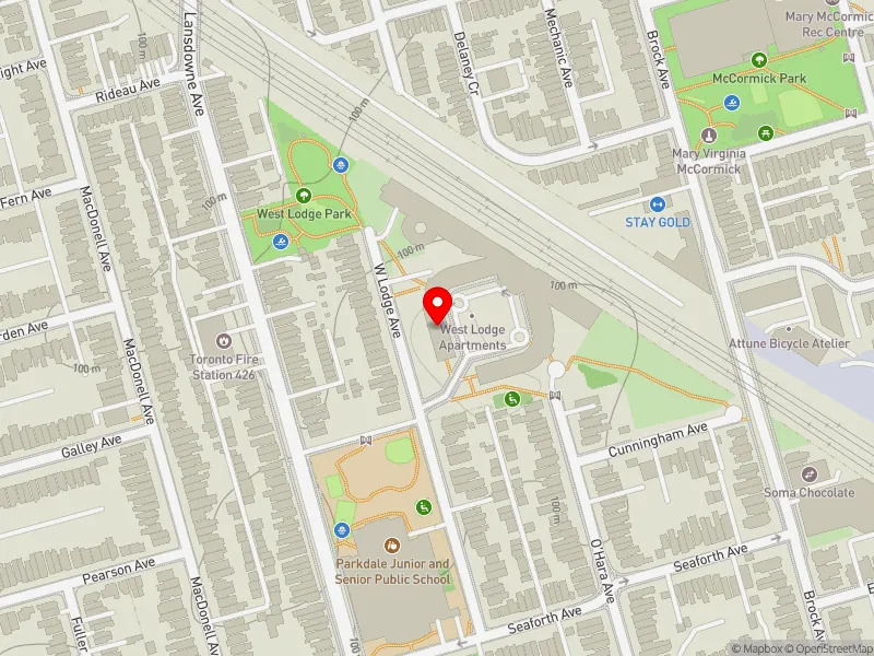 RentSafeTO apartment evaluation map view of 105 WEST LODGE AVE in Parkdale-High Park, Toronto