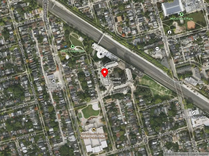 RentSafeTO apartment evaluation satellite view of 105 WEST LODGE AVE in Parkdale-High Park, Toronto