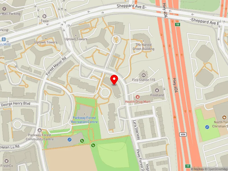 RentSafeTO apartment evaluation map view of 106 PARKWAY FOREST DR in Don Valley North, Toronto