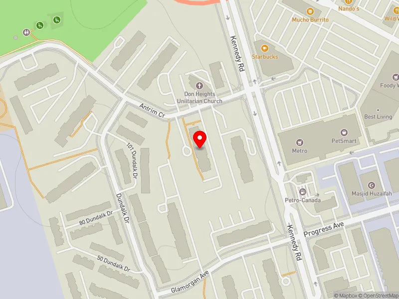 RentSafeTO apartment evaluation map view of 11 ANTRIM CRES in Scarborough Centre, Toronto