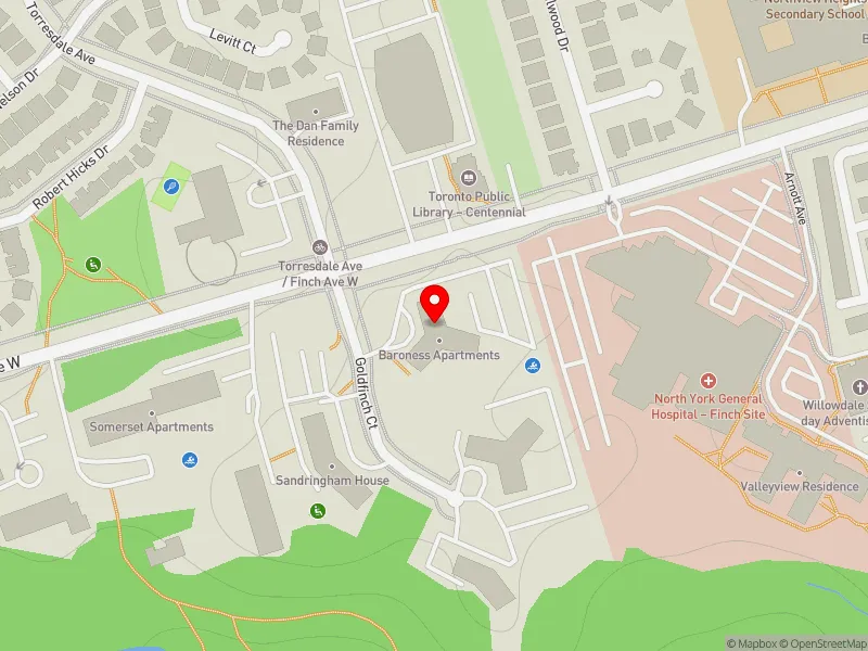 RentSafeTO apartment evaluation map view of 11 GOLDFINCH CRT in York Centre, Toronto