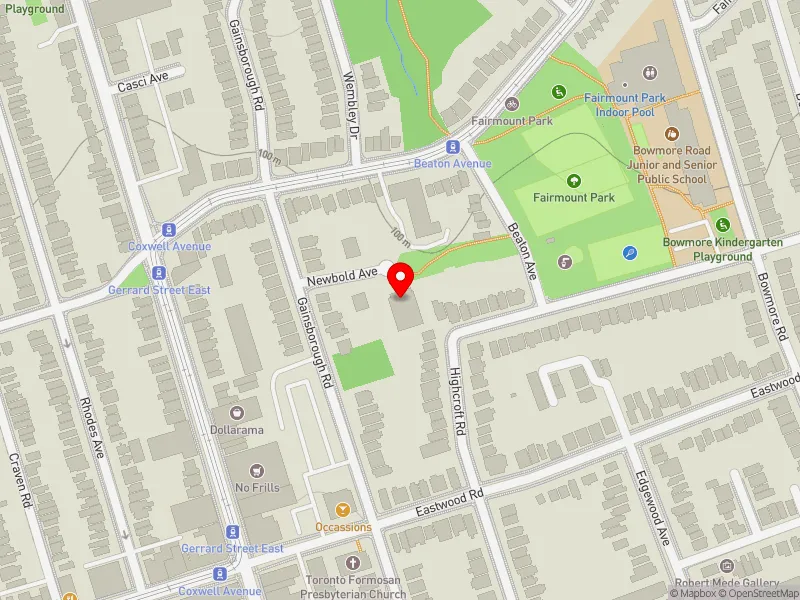 RentSafeTO apartment evaluation map view of 11 NEWBOLD AVE in Beaches-East York, Toronto