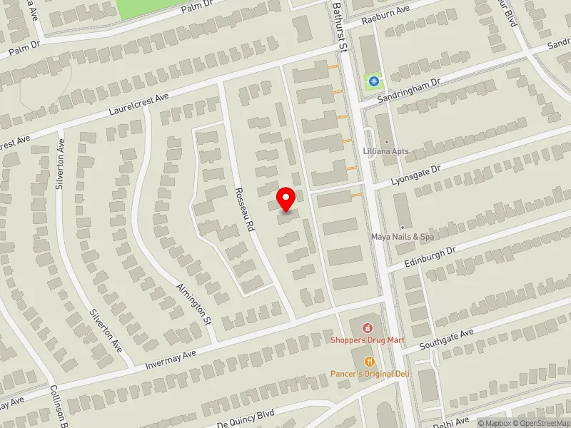 RentSafeTO apartment evaluation map view of 11 ROSSEAU RD in York Centre, Toronto