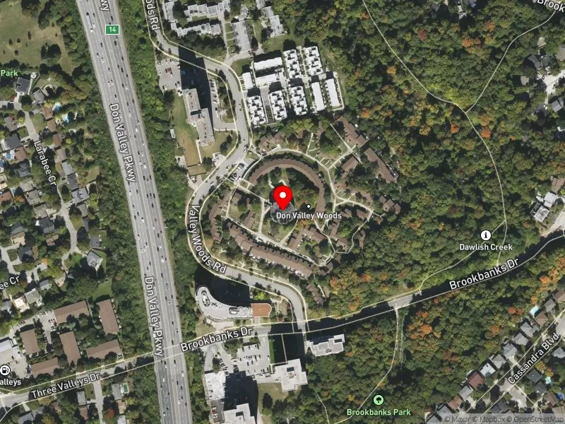 RentSafeTO apartment evaluation satellite view of 11 VALLEY WOODS RD in Don Valley East, Toronto