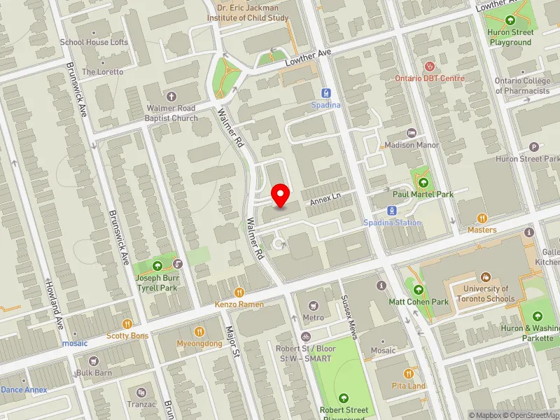 RentSafeTO apartment evaluation map view of 11 WALMER RD in University-Rosedale, Toronto